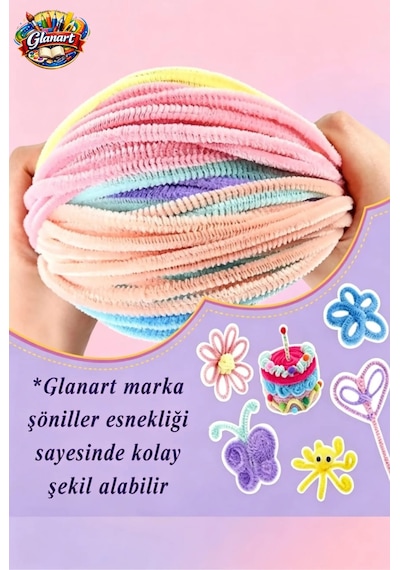 Şönil Pastel Renkler 50 Adet 30 Cm Şönil, Tüylü Tel El İşi Okul Projeleri İçin