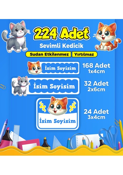 Sevimli Kedi Temalı Okul Kreş Kişiye Özel İsim Etiket Seti - Model 364 Çok Renkli