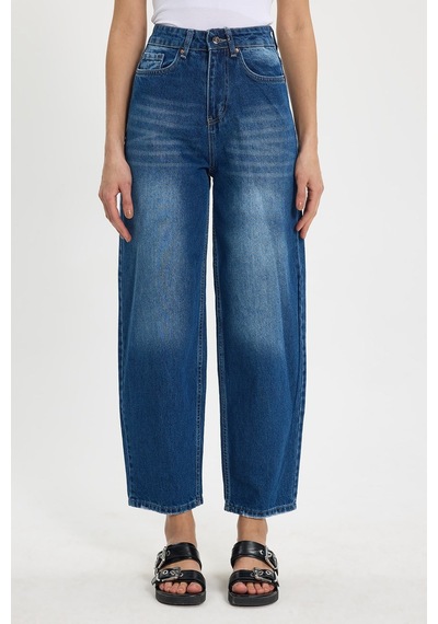 Tudors Kadın Relax Fit Rahat Kesim %100 Pamuk Cepli Geniş Paça Lacivert Jean Kot Pantolon-50730