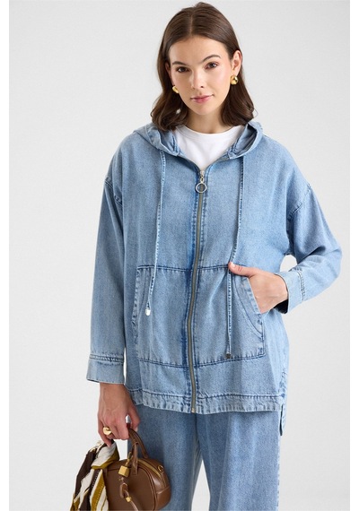 Olcay Fermuar Kapamalı Kapüşonlu Soft Denim Ceket Pantolon İkili Takım Açık Mavi 9402-tk