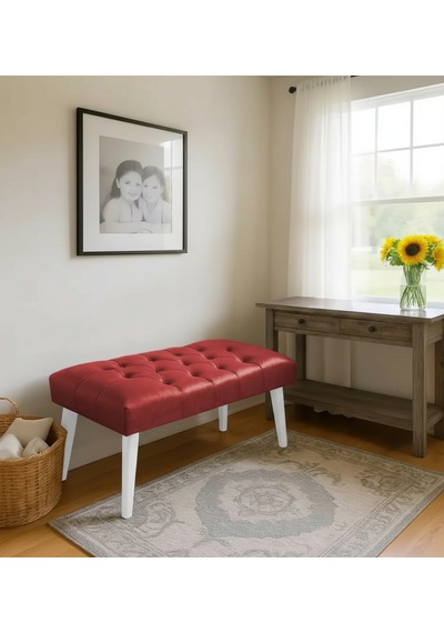 Waterybrook Bench Bank Puf - Suni Deri - Beyaz Ahşap Ayaklı - Retro Modern Tasarım & Dekoratif Sehpa Kırmızı