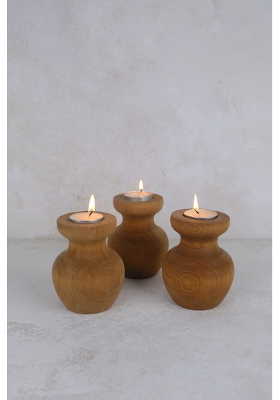 3 Lü Büyük Nar Model Tealight Ahşap Şamdan Seti Dekoratif Şamdan