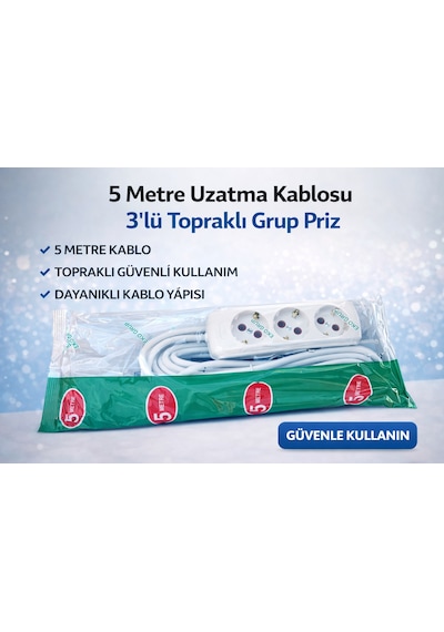5 Metre Uzatma Kablosu 3 Lü Topraklı Grup Priz 16a Dayanıklı Kablo 20 M