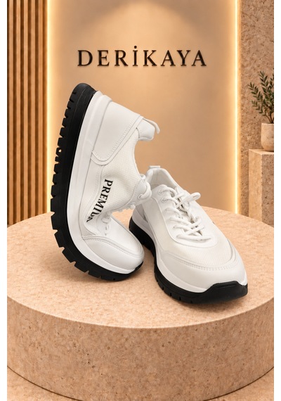 Deri Kaya Erkek Premium Kalın Taban Bağcıklı Günlük Sneaker Spor Ayakkabı Beyaz