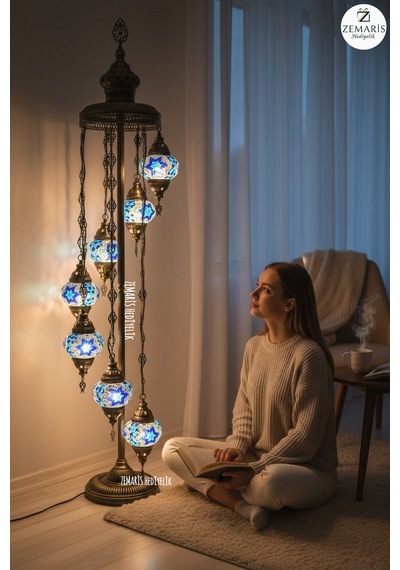 El Yapımı Otantik Mozaik Lambader 7 Li Mavi - 761810958 Diğer