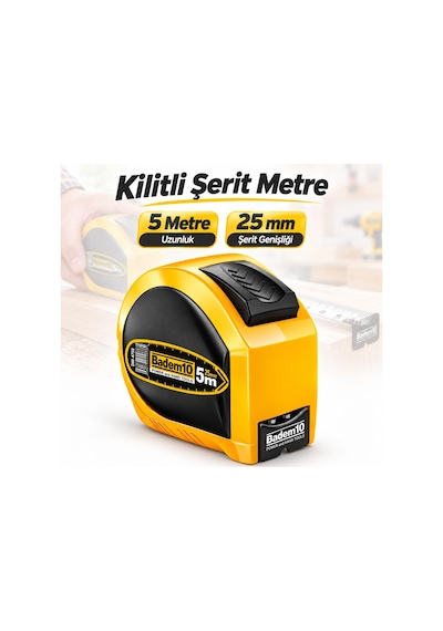 Tr Kilitli Şerit Metre 25 Mm X 5 Mt Mobilya Dolap Ölçümüne Uygun Atölye İşleri İçin Pratik Ölçüm Aleti 0 - 300 MM
