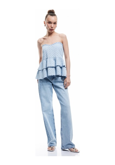 Koton Pamuklu Kalp Yaka Volan Detaylı Kolsuz Denim Atlet Açık İndigo 5sal30009md Açık Indigo