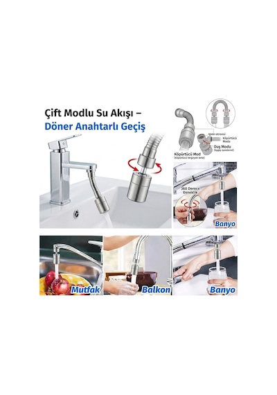 Sunup Sn-29317 Çift Hız Ayarlı Gümüş Renk Musluk Başlığı Tayzik Tasarruf Aparatı Gri