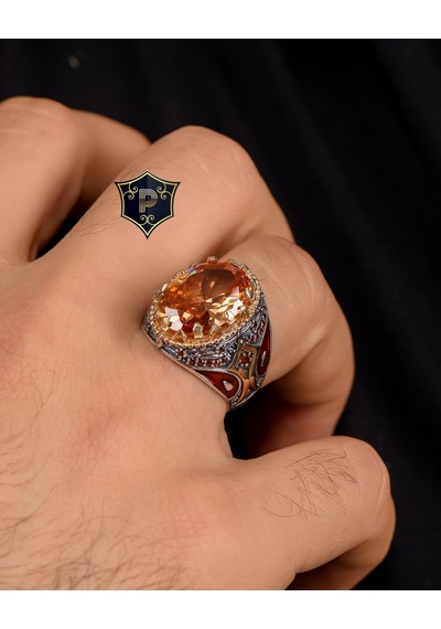 Prestij Gümüş 925 Ayar Gümüş Şampanya Topaz Taşlı Zirkon Taş Süslemeli Erkek Yüzüğü