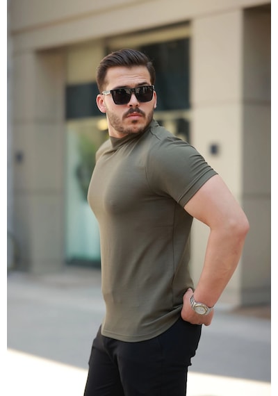 Vexor Erkek Ince Çizgi Dokulu Kısa Kollu Tişört Haki
