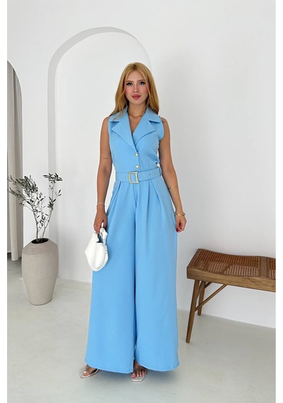 Neşeli Butik Kadın Gömlek Yaka Düğme Detaylı Maxi Tulum Nbk061 Bebe Mavisi