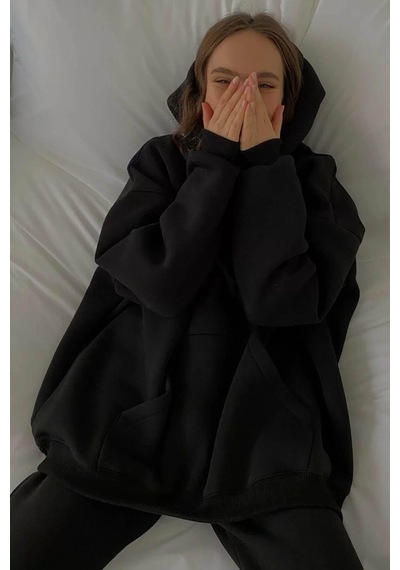 Koyu Siyah Kapüşonlu Şardonlu Oversize Sweatshirt Mg1566