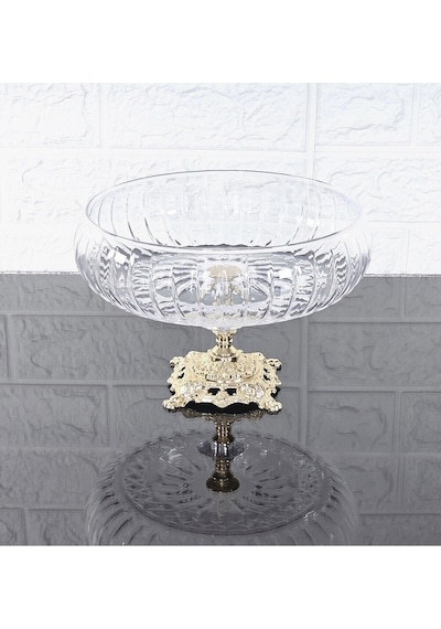 Lotus Kristal 24 Cm Kesme Dekor Gold Döküm Ayak Salata Kasesi Cam Sunumluk & Salata Kase Naturel