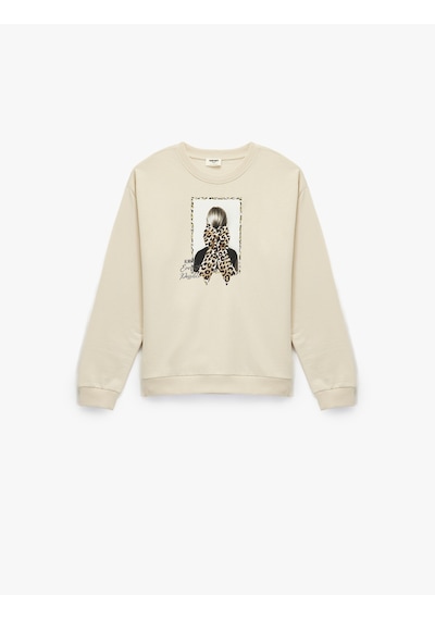 Koton Şardonlu Uzun Kollu Bisiklet Yaka Pamuklu Baskılı Sweatshirt Bej 6wkg10454ak Ekru