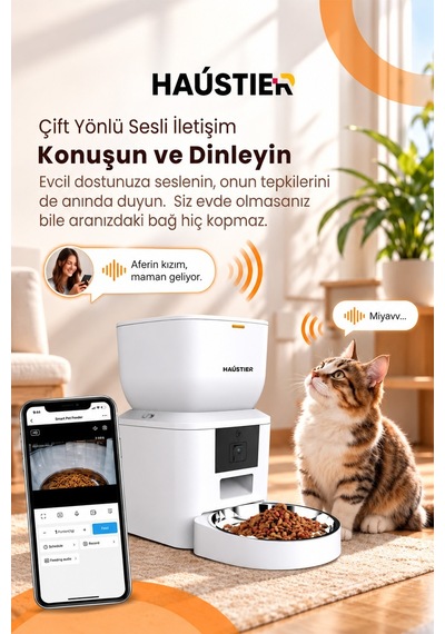 Qq025 Kameralı Akıllı Kedi Köpek Otomatik Mama Kabı,480p Gece Görüşlü, Wifi 2.4ghz, 4 Lt, Metal Kase