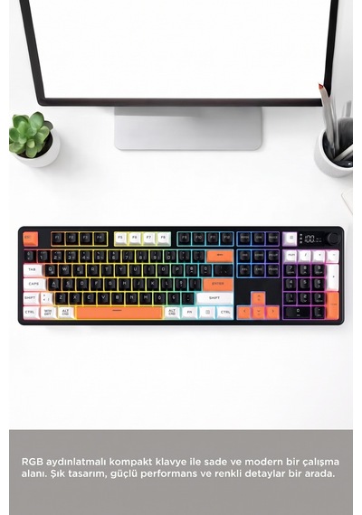 Oyuncu Klavyesi Rgb Işıklı Dijital Ekranlı 3 Modlu Mekanik Hisli Kablosuz Klavye Tk14