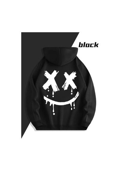Nevermind Sevgili Çift Kombin Gülümseme Baskılı Renk Kapüşonlu Sweatshirt 2li Set Takım 3 İplik Pamuk Siyah