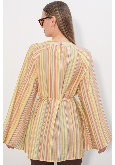 Bigdart Kadın Çizgili Bağcıklı Oversize Tunik 50009 - Sarı