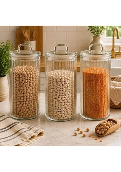 1400 Ml 3'lü Fitilli Cam Saklama Kavanozu Seti Cam Kapaklı Şeffaf Cam Erzak Bakliyat Makarna Kahve Saklama Kabı Çok Renkli