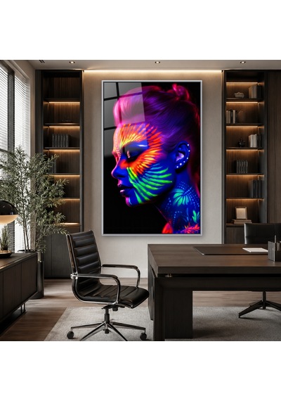 Neon Boyalı Kadın Profili Gümüş Çerçeveli Cam Tablo
