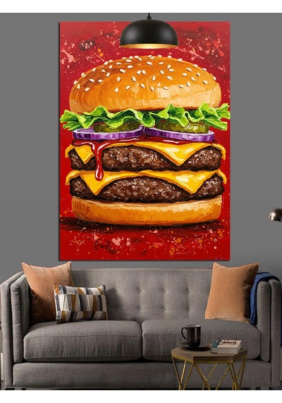 Katmanlı Dev Bir Cheeseburger Yemeği Dekoratif Kanvas - Mdf Ahşap Tablo
