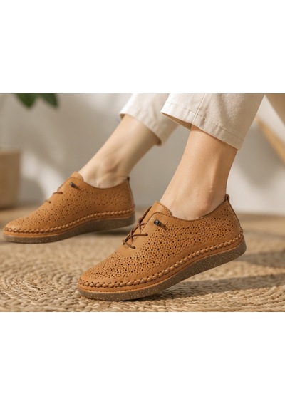 N Napa Shoe Np.8208l.taba Napa Shoe Kadın Hakiki Deri Lazer Kesim Günlük Ayakkabı Bağcıklı Ortopedik Comfort Sneaker Taba