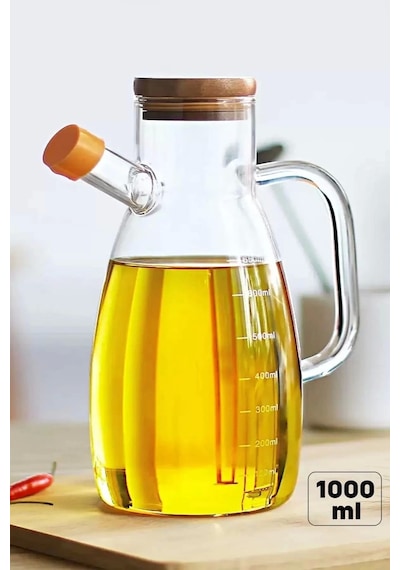 Bambu Kapaklı Cam Yağdanlık Vakumlu Borosilikat Cam Sirkelik Zeytinyağı 1000 Ml