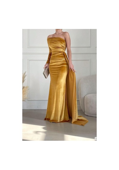 DefyModa Kadın Vintage Tek Omuz Kuyruklu Balık Kesim Abiye Elbise Sarı
