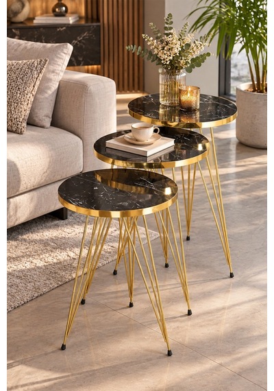 Sulorahome Gold Bendir Tel Zigon Sehpa Seti 3'lü Siyah Mermer Desenli