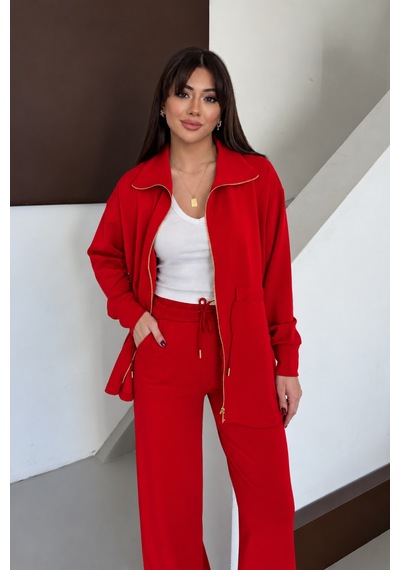 Balenbi Oversize Fermuarlı Beli Bağcıklı Polo Yaka Modal Kadın Takım 1196 - Premium Seri Kırmızı Balenbi Oversize Fermuarlı Beli Bağcıklı Polo Yaka Modal Kadın Takım 1196 - Premium Seri Kırmızı
