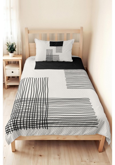 Siyah Geometrik Genç Odası Tek Kişilik Pike Takımı - Modern Çizgili 160x220 Cm Kapitone Yatak Örtüsü Turkuaz