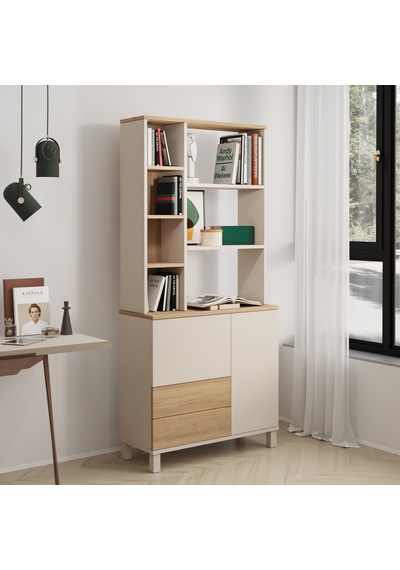 Robin Home Urban Kitaplık Raf Ahşap Ayaklı 188cm 2 Kapaklı 2 Çekmeceli Kumsal-sepet Bej