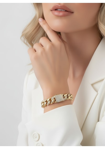 Eva Takı Store Küba Zinciri 14k Vip Seri Cuban Lınk Hip Hop Rhinestone Çelik Bileklik Altın