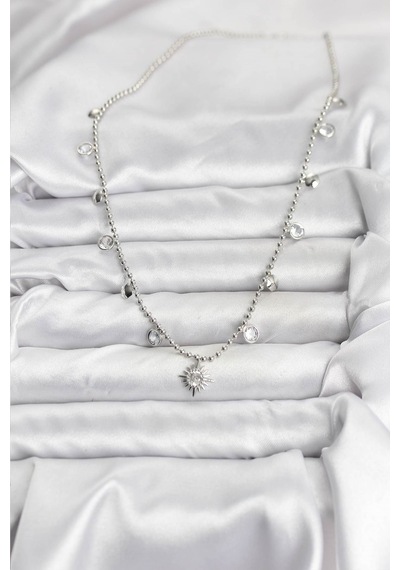 Zirkon Taşlı Kutup Yıldızı Model Pirinç Gümüş Renk Kadın Kolye Karışık Renk