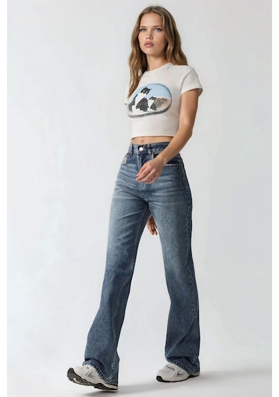 Hiccup Orta Bel Straight Leg Denim Pantolon Orta Mavi Denim