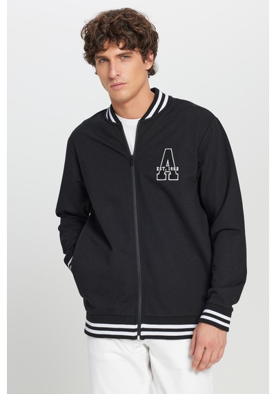 AC&Co / Altınyıldız Classics Erkek Sıyah 2 İplik Pamuklu Standart Fit Normal Kesim Fermuarlı Kolej Yaka Yan Cepli Sweatshirt Siyah