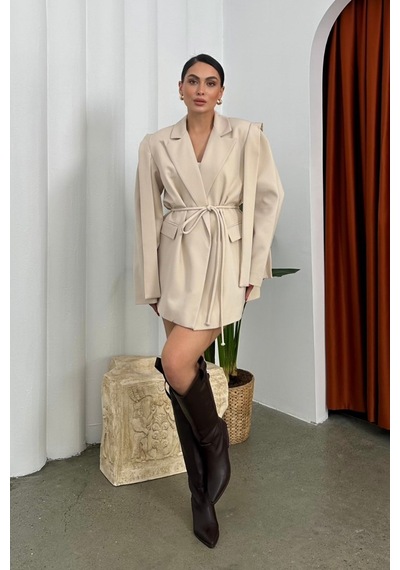 Msm Fashion Kadın Oversize Blazer Ceket Kuşaklı Omuz Detaylı Bej