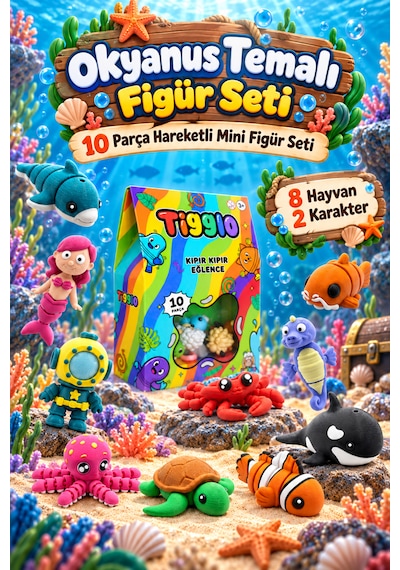 Tigglo 10'lu Hareketli Mini Hayvan Ve Karakter Figür Oyuncak Seti Çiftlik, Okyanus, Safari Ve Orman Tema Seçenekleri Okyanus Hayvanları