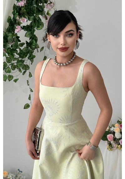 Nils Butik Askılı Kare Yaka Jakar Desenli Seraphine Midi Elbise Açık Sarı