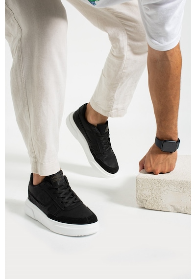 Günlük Erkek Sneaker Yüksek Kalın Tırtıklı Taban Bağcıklı Dikişli Yürüyüş Spor Ayakkabı 2029 Siyah - Beyaz