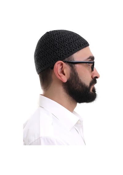 Koyu Gri Orlon Kışlık Namaz Takkesi Baklava Desenli Takke