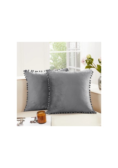 Ponponlu Dekoratif Kırlent Kılıfı 2 Adet 43x43 Cm Gri