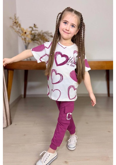Riccotarz Kız Çocuk Pano Kalp Baskı Bisiklet Yaka T-shirt Kargo Cepli Alt Mor Eşofman Takım Mor