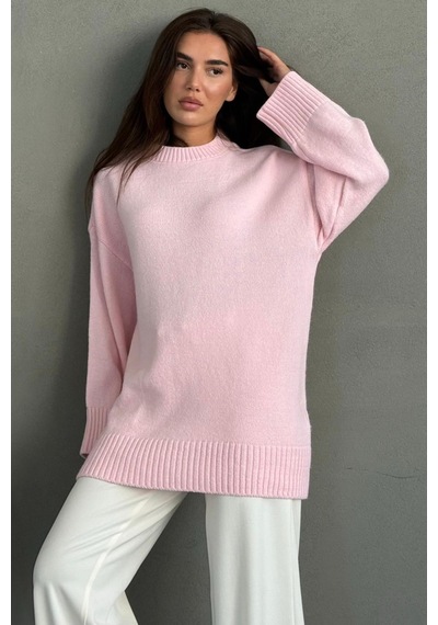Madmext Pembe Bisiklet Yaka Oversize Uzun Kadın Triko Kazak Mg2890