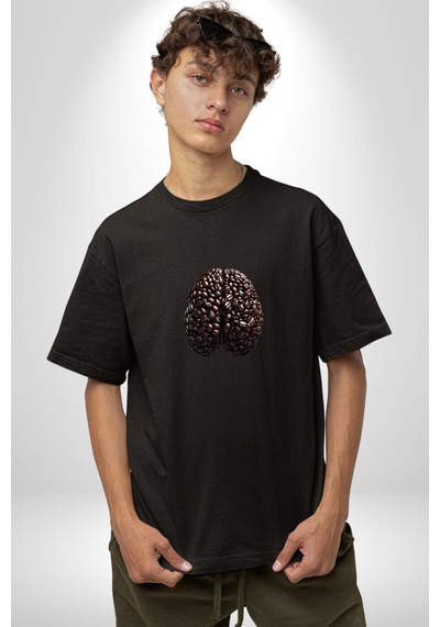 Kuru Kahve Çekirdeği Beyin Pamuklu Bisiklet Yaka Unisex Oversize Boyfriend Dijital Baskılı Siyah T-shirt Siyah