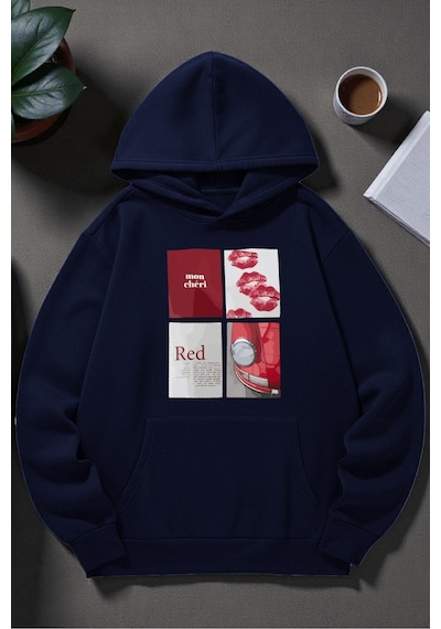 Uyguntarz Unisex Red Mon Cheri Baskılı Kapüşonlu Sweatshirt Lacivert