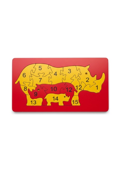 Gözeler Eğitici Ahşap Gergedan Ailesi Puzzle - 15 Parça Sayı Öğretici - 26x15 Cm Mdf