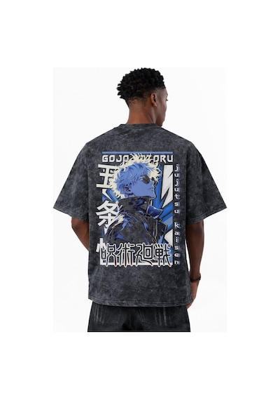 Gojo Satoru Jujutsu Kaisen Anime Baskılı Unisex Oversize Eskitme Siyah