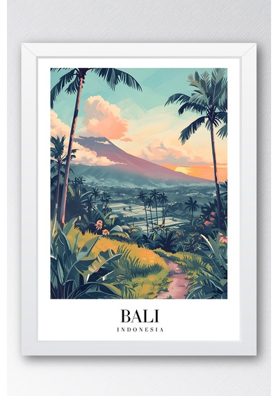 Bali Indonesia Vintage Seyahat Posteri Çerçeveli Tablo - Premium Tropikal Manzaralı Duvar Dekoru Beyaz
