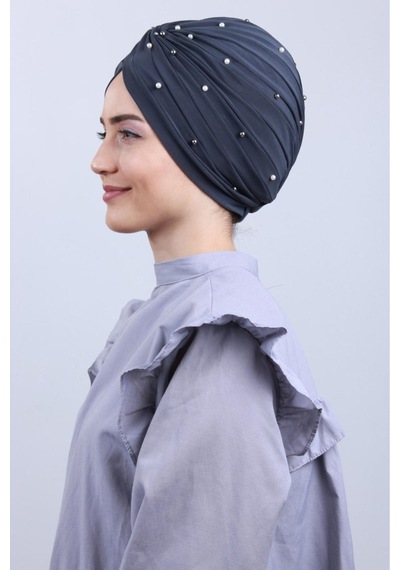 Melodi Scarf Kadın Tesettür İncili Taşlı Vera Dış Bone Koyu Gri Koyu Gri